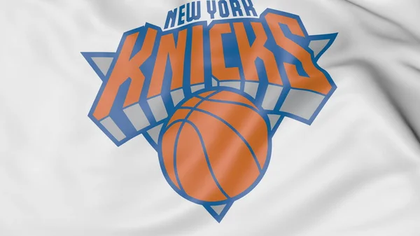 Primer plano de la bandera ondeante con el logotipo del equipo de baloncesto de la NBA de New York Knicks, representación 3D — Foto de Stock