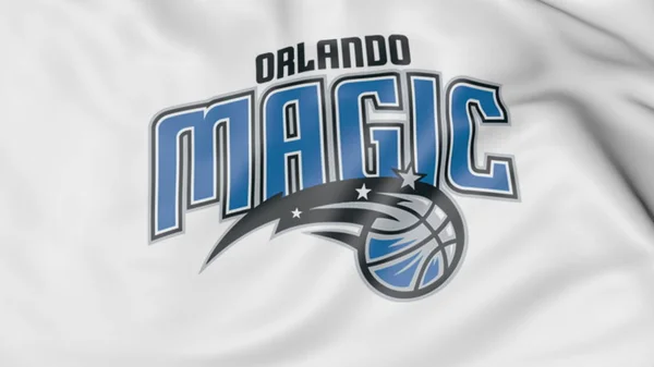 Close-up de acenando bandeira com Orlando Magic NBA logotipo da equipe de basquete, renderização 3D — Fotografia de Stock