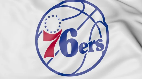 Primo piano della bandiera sventolante con logo della squadra di basket NBA Philadelphia 76ers, rendering 3D — Foto Stock