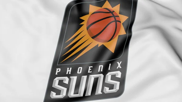 Close-up de acenando bandeira com Phoenix Suns NBA logotipo da equipe de basquete, renderização 3D — Fotografia de Stock