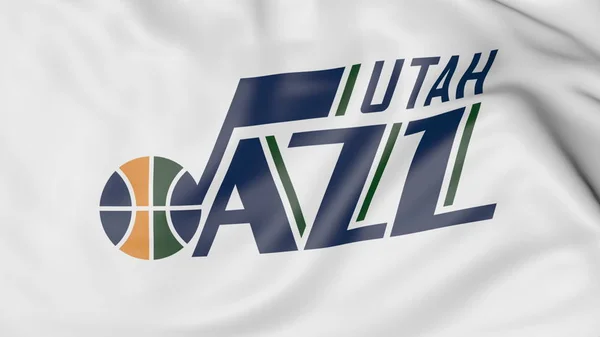 Крупный план размахивания флагом с логотипом баскетбольной команды НБА "Юта Джаз", 3D рендеринг — стоковое фото