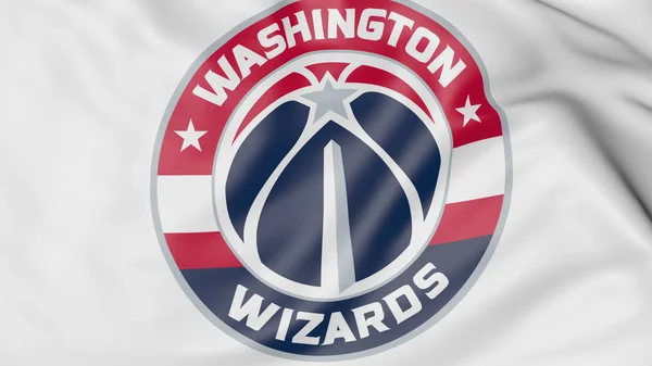Close-up de acenando bandeira com Washington Wizards NBA logotipo da equipe de basquete, 3D renderização — Fotografia de Stock