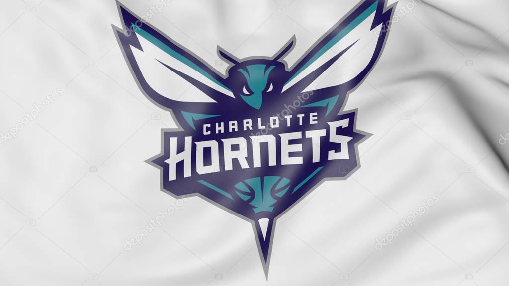 Close-up of waving flag with Charlotte Hornets NBA basketball team logo, United States