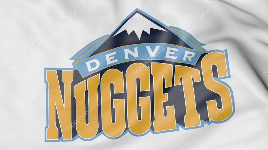 Close-up of waving flag with Denver Nuggets NBA basketball team logo, United States