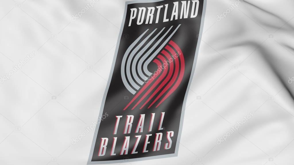Close-up of waving flag with Portland Trail Blazers NBA basketball team logo, United States