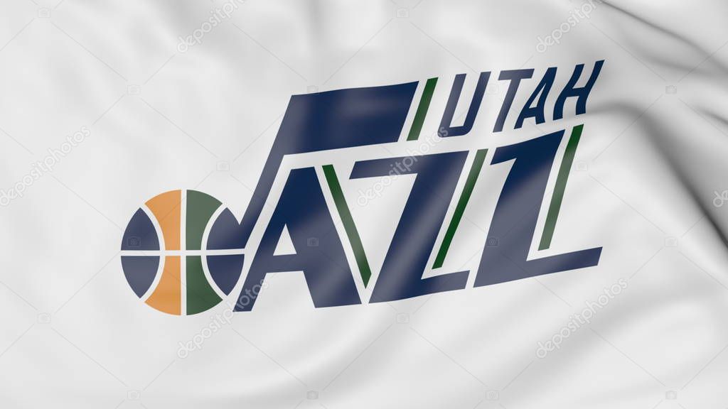 Close-up of waving flag with Utah Jazz NBA basketball team logo, United States