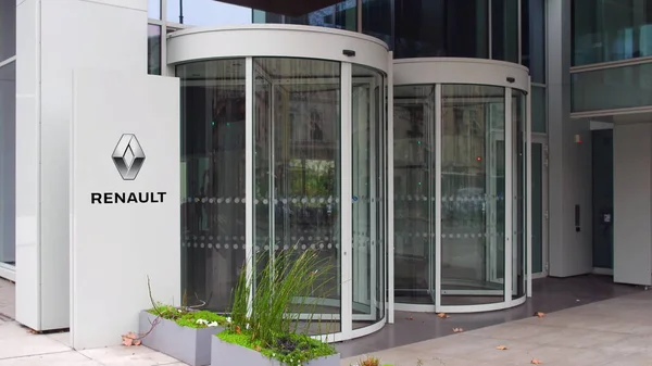 Cartelera con logotipo de Groupe Renault. Moderno edificio de oficinas. Representación Editorial 3D — Foto de Stock