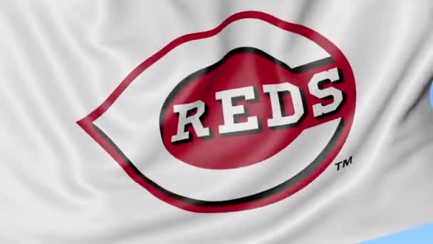 Gros plan du drapeau ondulé avec le logo de l'équipe de baseball Cincinnati Reds MLB, boucle transparente, fond bleu. Animation éditoriale. 4K — Video