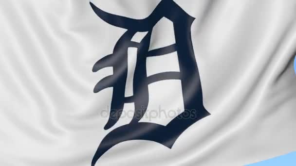 Close-up de acenando bandeira com Detroit Tigers MLB logotipo da equipe de beisebol, loop sem costura, fundo azul. Animação editorial. 4K — Vídeo de Stock