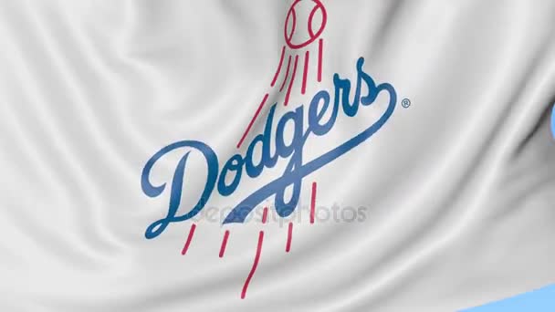 Close-up of waving flag with Los Angeles Dodgers MLB baseball team logo, seamless loop, blue background. Editorial animation. 4K — Stock Video