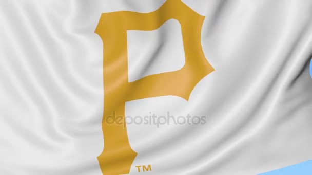 Primer plano de la bandera ondeante con el logotipo del equipo de béisbol Pittsburgh Pirates MLB, lazo sin costuras, fondo azul. Animación editorial. 4K — Vídeo de stock