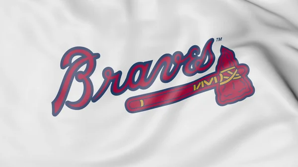 Close-up van zwaaien vlag met Atlanta Braves Mlb honkbal team logo, 3D-rendering — Stockfoto