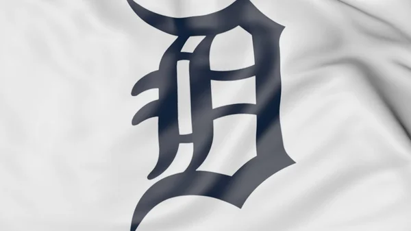 Primer plano de la bandera ondeante con el logotipo del equipo de béisbol Detroit Tigers MLB, representación 3D — Foto de Stock
