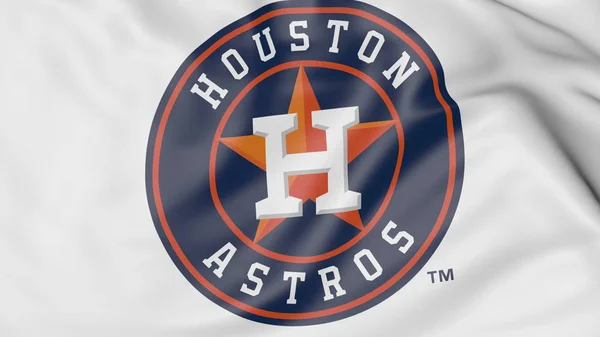 Primo piano della bandiera sventolante con logo della squadra di baseball Houston Astros MLB, rendering 3D — Foto Stock