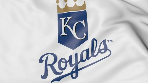 Primo piano della bandiera sventolante con il logo della squadra di baseball Kansas City Royals MLB, rendering 3D — Foto Stock