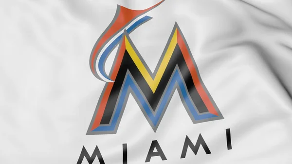 Primo piano della bandiera sventolante con logo della squadra di baseball Miami Marlins MLB, rendering 3D — Foto Stock