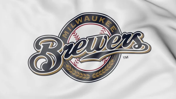 Nahaufnahme des Fahnenschwenkens mit Milwaukee Brewers mlb baseball team logo, 3D-Darstellung — Stockfoto