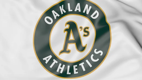 Close-up of waving flag with Oakland Athletics MLB baseball team logo, 3D rendering — Stock Photo, Image