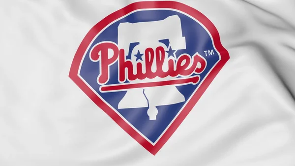 Close-up van zwaaien vlag met Philadelphia Phillies-Mlb honkbal team logo, 3D-rendering — Stockfoto