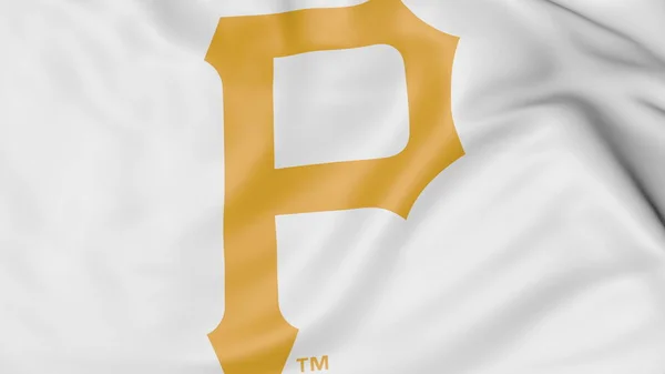 Primo piano della bandiera sventolante con il logo della squadra di baseball Pittsburgh Pirates MLB, rendering 3D — Foto Stock