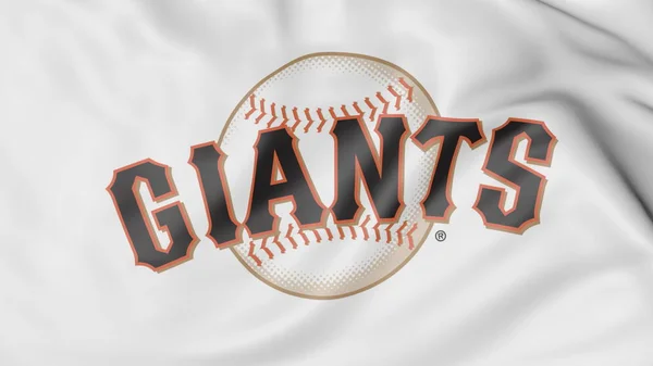 Primo piano della bandiera sventolante con il logo della squadra di baseball dei San Francisco Giants MLB, rendering 3D — Foto Stock