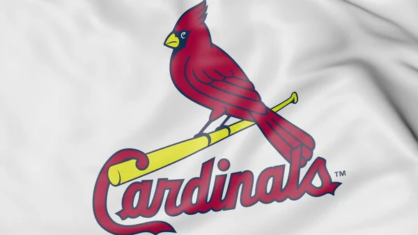 Primer plano de la bandera ondeante con el logotipo del equipo de béisbol St. Louis Cardinals MLB, representación 3D — Foto de Stock