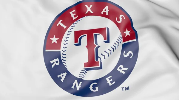 Primo piano della bandiera sventolante con il logo della squadra di baseball dei Texas Rangers MLB, rendering 3D — Foto Stock