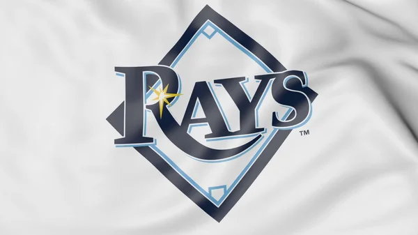 Close-up da bandeira acenando com Tampa Bay Rays MLB logotipo da equipe de beisebol, renderização 3D — Fotografia de Stock