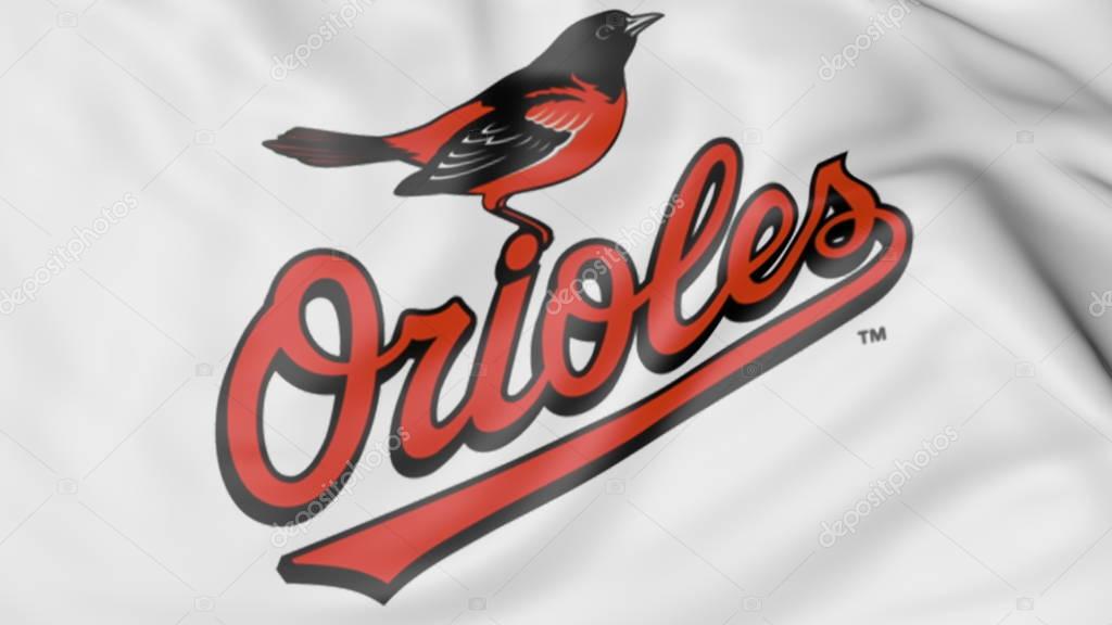 Close-up of waving flag with Baltimore Orioles MLB baseball team logo, 3D United States