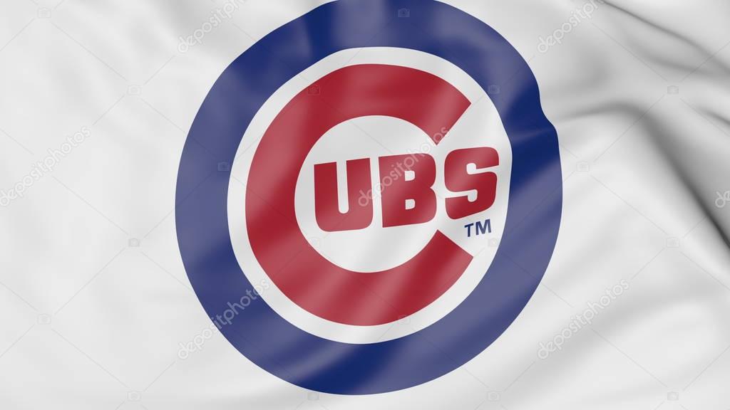 Close-up of waving flag with Chicago Cubs MLB baseball team logo, 3D United States