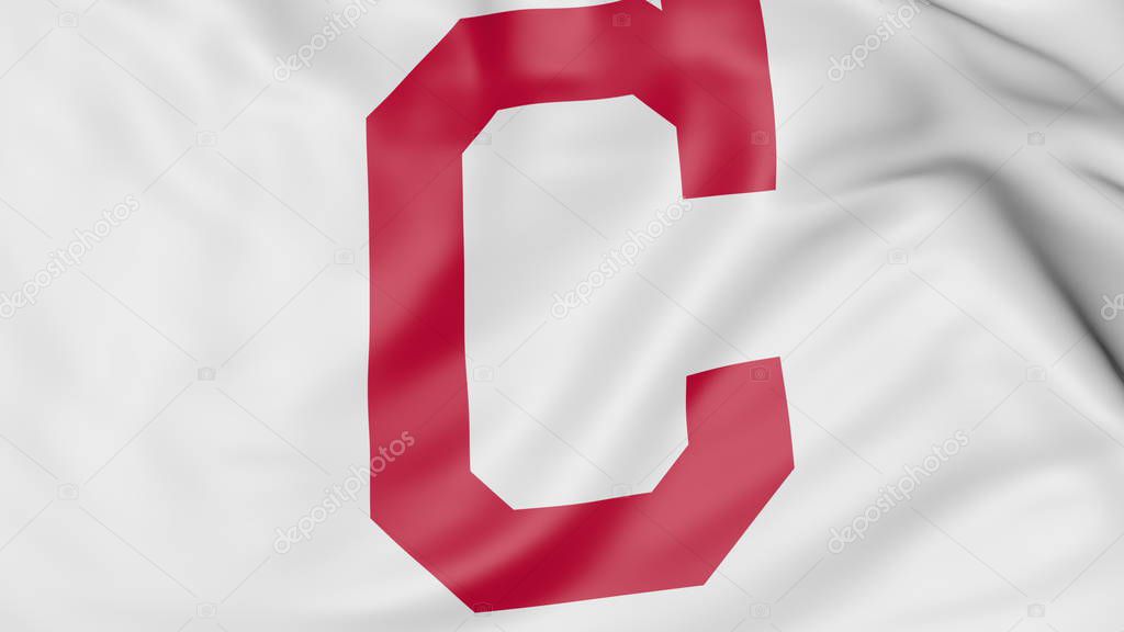 Close-up of waving flag with Cleveland Indians MLB baseball team logo, 3D United States