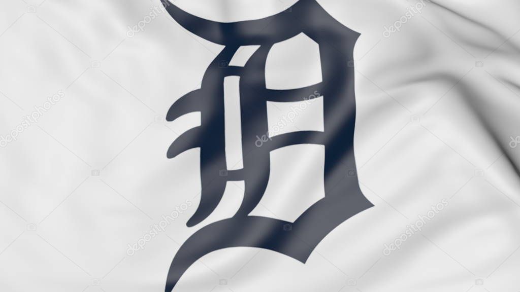 Close-up of waving flag with Detroit Tigers MLB baseball team logo, 3D United States
