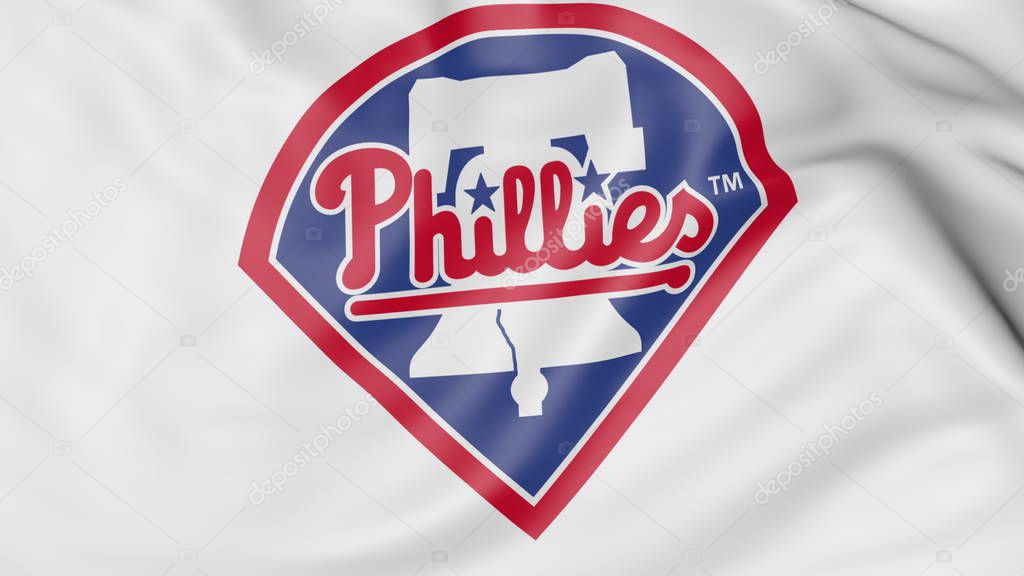 Close-up of waving flag with Philadelphia Phillies MLB baseball team logo, 3D United States