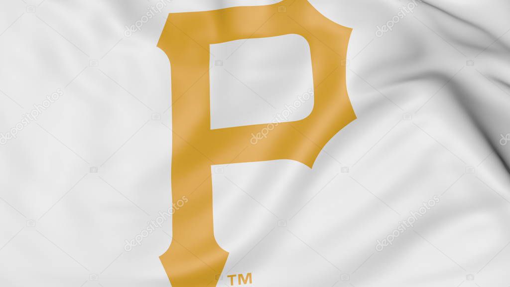 Close-up of waving flag with Pittsburgh Pirates MLB baseball team logo, 3D United States