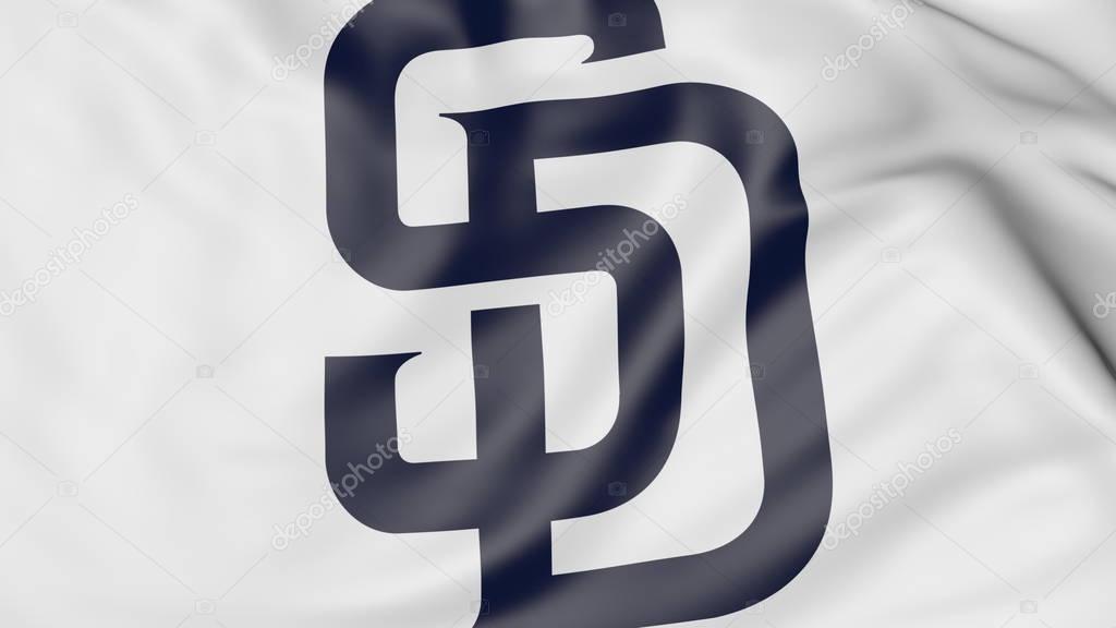 Close-up of waving flag with San Diego Padres MLB baseball team logo, 3D United States