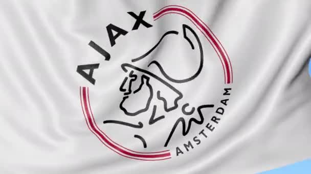 Γκρο πλαν του κουνώντας τη σημαία με το λογότυπο του Afc Ajax ποδοσφαιρικού συλλόγου, αδιάλειπτη βρόχο, μπλε φόντο. Σύνταξης κινούμενα σχέδια. 4k — Αρχείο Βίντεο