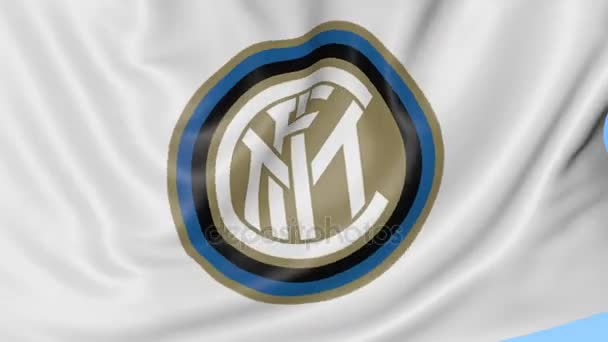 Close-up van zwaaien vlag met Inter Milaan voetbal club logo, naadloze loops, blauwe achtergrond. Redactionele animatie. 4k — Stockvideo