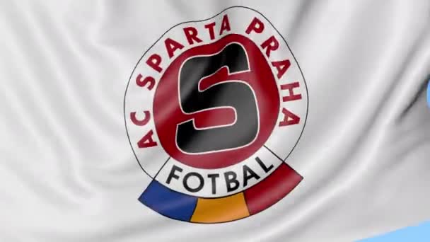 Sparta Prag futbol kulübü logosu, sorunsuz döngü, mavi arka plan ile bayrak sallayarak yakın çekim. Editoryal animasyon. 4k — Stok video