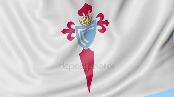 Primo piano della bandiera sventolante con il logo della squadra di calcio Celta Vigo, anello senza cuciture, sfondo blu. Animazione editoriale. 4K — Video Stock