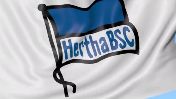 Close-up of waving flag with Hertha BSC football club logo, seamless loop, blue background. Editorial animation. 4K — Stock Video