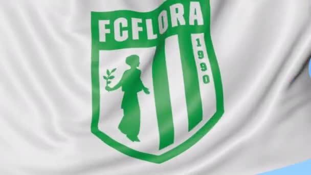 Nahaufnahme einer wehenden Fahne mit dem Logo des fc flora Fußballclubs, nahtloser Schlaufe, blauem Hintergrund. redaktionelle Animation. 4k — Stockvideo