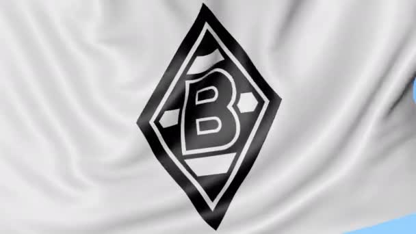 Primo piano della bandiera sventolante con il logo della squadra di calcio Borussia Monchengladbach, anello senza cuciture, sfondo blu. Animazione editoriale. 4K — Video Stock