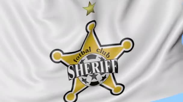 Close-up van zwaaien vlag met Fc Sheriff Tiraspol voetbal club logo, naadloze loops, blauwe achtergrond. Redactionele animatie. 4k — Stockvideo