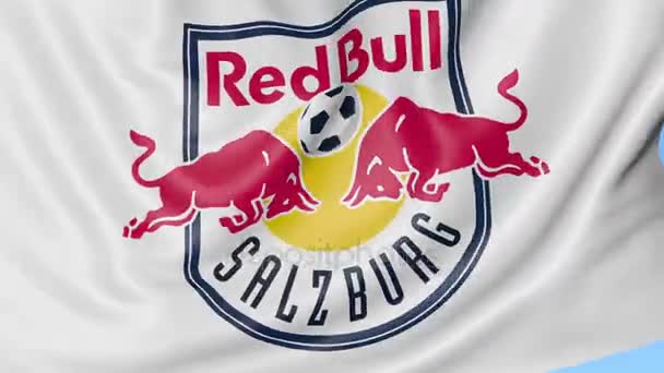 Fc Red Bull Salzburg futbol kulübü logosu, sorunsuz döngü, mavi arka plan ile bayrak sallayarak yakın çekim. Editoryal animasyon. 4k — Stok video