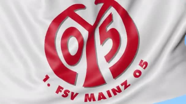 Detail mávat vlajkou s Fsv Mainz 05 Ii fotbalový klub logo, bezešvé smyčka, modré pozadí. Redakční animace. 4k — Stock video