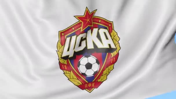 Närbild av viftande flagga med Cska Moskva football club logotyp, sömlös loop, blå bakgrund. Redaktionella animation. 4k — Stockvideo