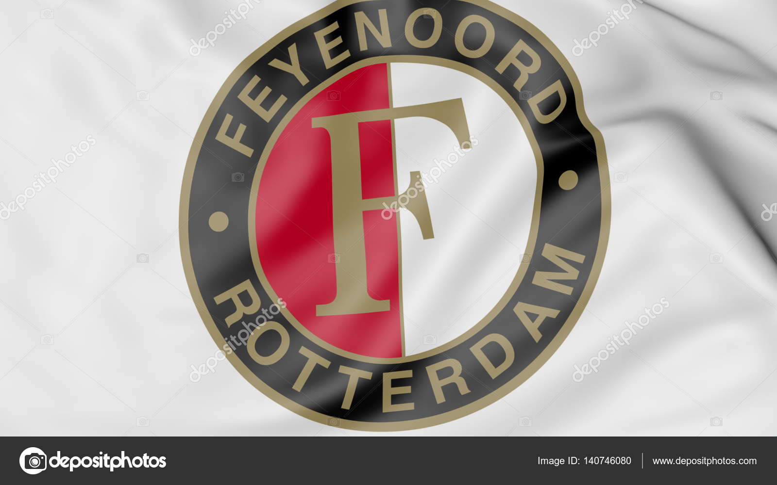 Close-up van zwaaien vlag met Feyenoord voetbal club logo ...