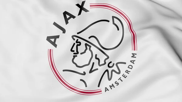 Close-up van zwaaien vlag met Afc Ajax voetbal club logo, 3D-rendering — Stockfoto