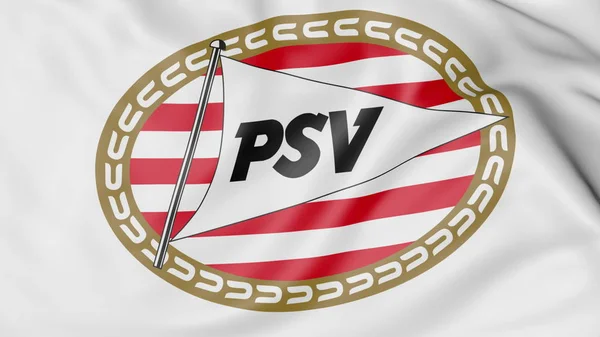 Psv Eindhoven futbol kulübü logosu, 3d render ile bayrak sallayarak yakın çekim — Stok fotoğraf