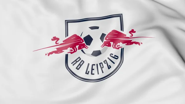 Close-up van zwaaien vlag met Rasenballsport Leipzig voetbal club logo, 3D-rendering — Stockfoto